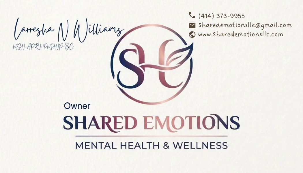 Business card for Larresha Williams, Shared Emotions Mental Health and Wellness